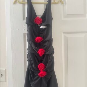 Black Ruched Bodycon Dress with Red Accents
